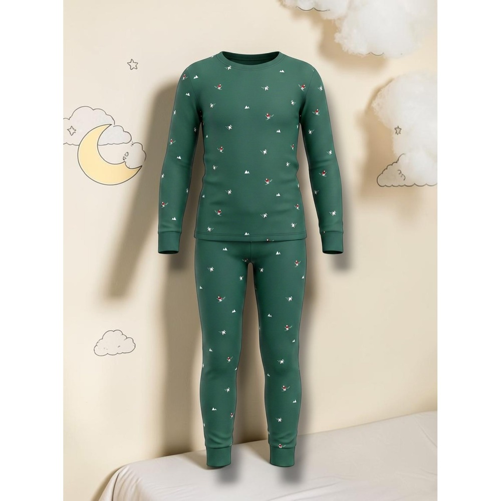 Kids Winter Skier Mountain Print Forest Green Pajama Set Loungewear